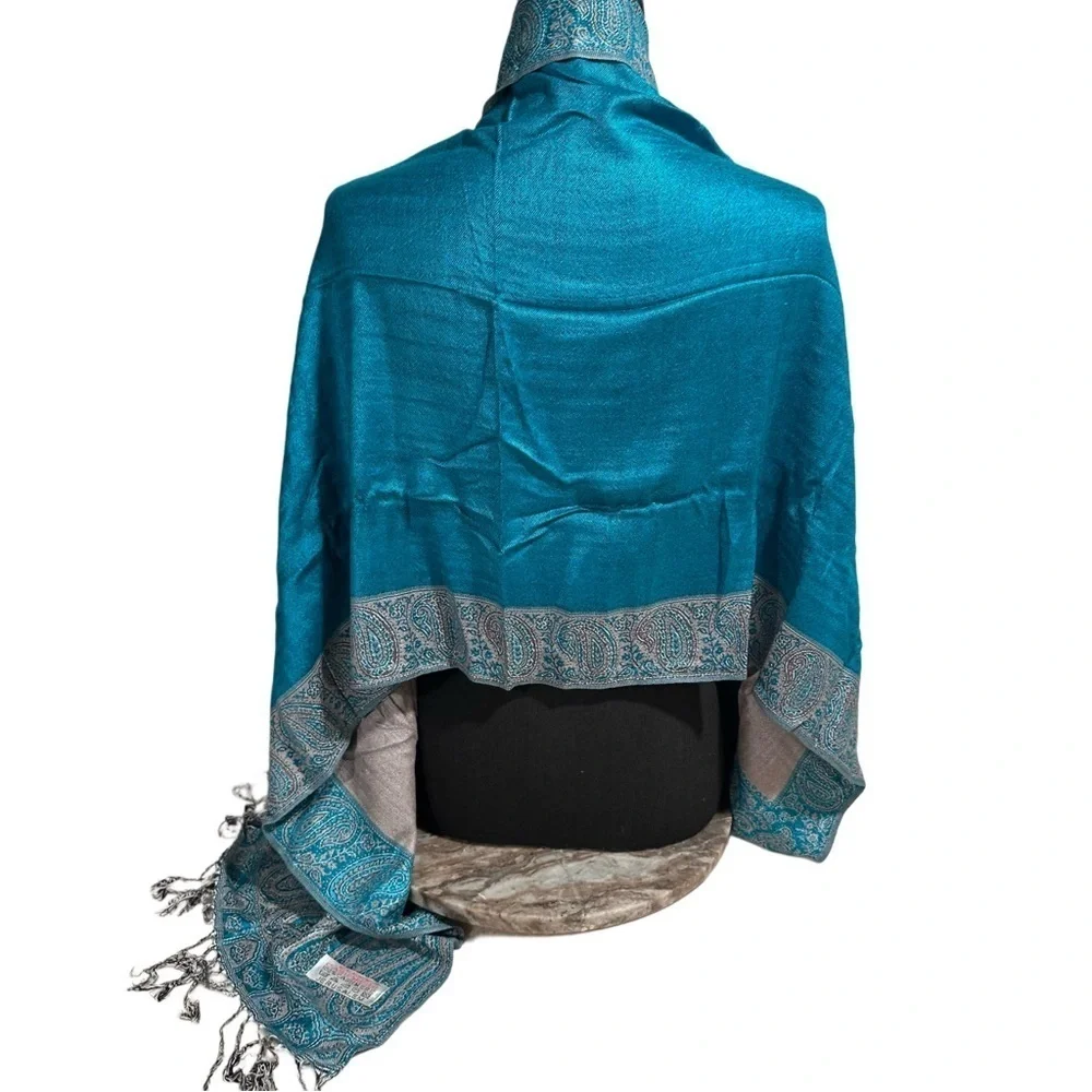 Elegant Large Shawl Wrap Double-sided Super Soft Quality Rayon Silver Aquamarine